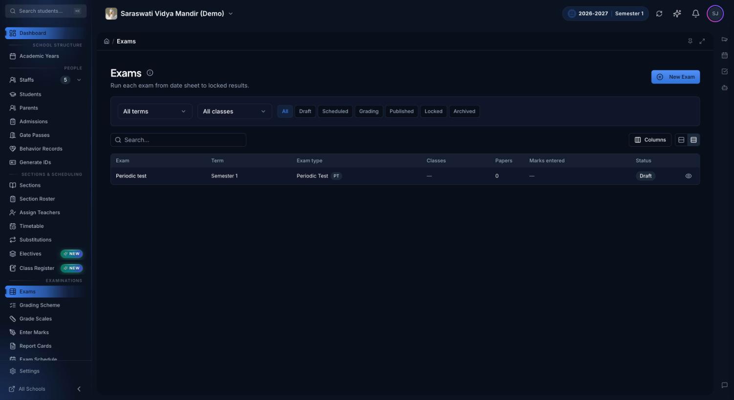 Premeena Exams list with filters for term, class and status (Draft, Scheduled, Grading, Published, Locked, Archived), showing a Semester 1 periodic test in Draft