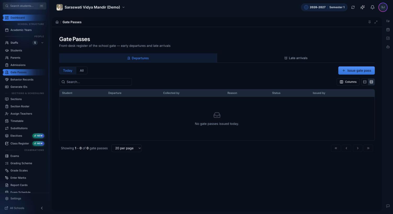 Premeena Gate Passes register with Departures and Late arrivals tabs, Today and All filters, and columns for student, departure, collected by, reason, status and issued by