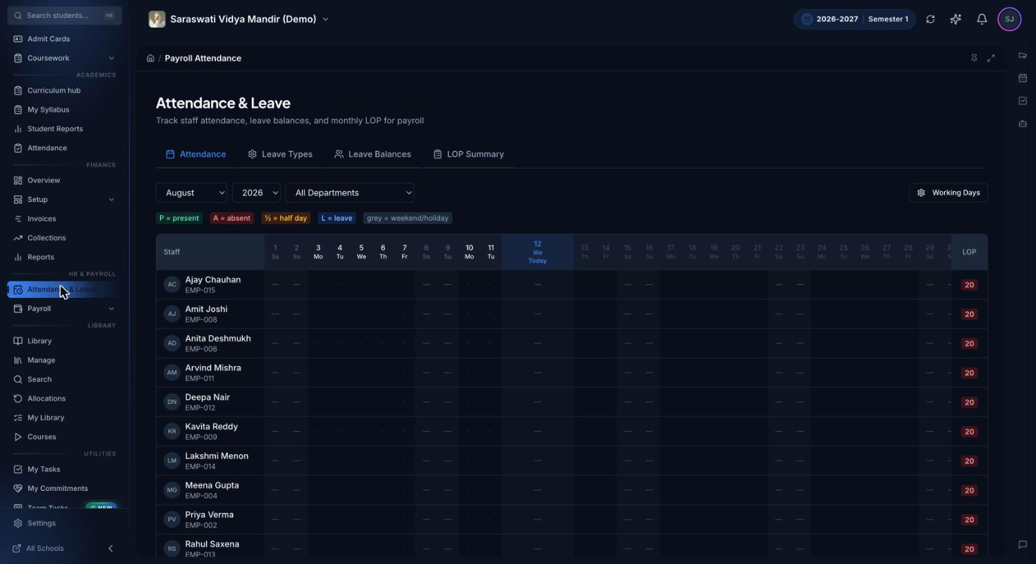 Premeena Attendance & Leave page for staff, with tabs for Attendance, Leave Types, Leave Balances and LOP Summary, month, year and department filters, a P/A/half-day/leave legend, a Working Days button and a day-by-day grid with an LOP column