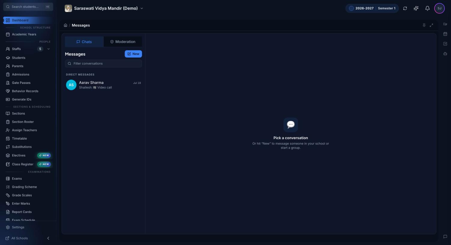 Premeena Messages screen with a Chats tab listing direct messages, a Moderation tab, a New button to start a conversation, and an empty panel asking the user to pick a conversation