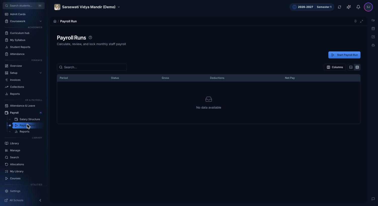 Premeena Payroll Runs page under HR & Payroll in the sidebar, with a Start Payroll Run button and a table of runs with Period, Status, Gross, Deductions and Net Pay columns